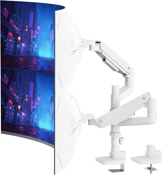 PUTORSEN monitorsteun 2 monitoren voor 17-49 inch vlak & gebogen scherm, gasveer dubbele monitorsteun in hoogte verstelbaar kantelbaar zwenkbaar, gewichtscapaciteit 2-20 kg per arm