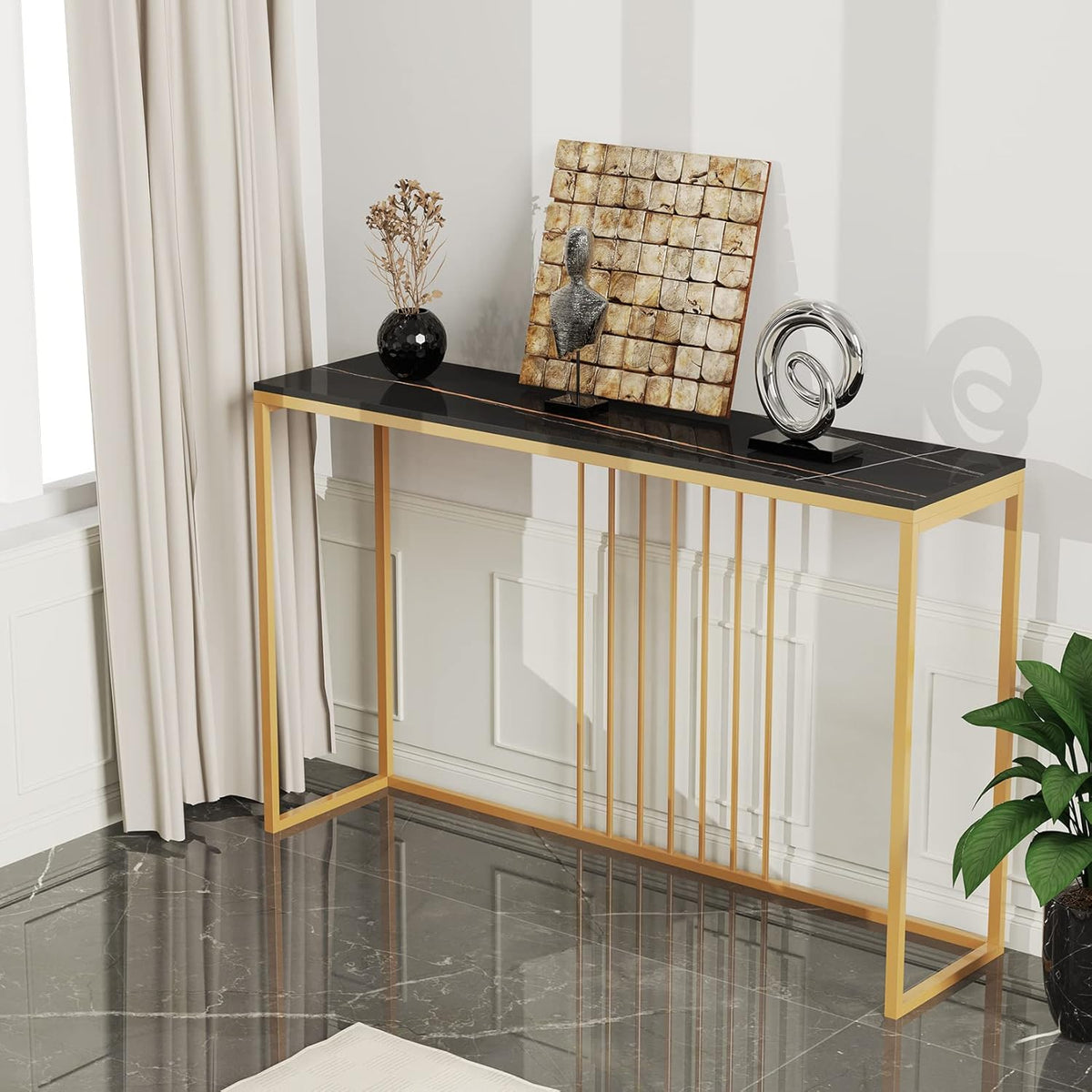 FATIVO Consoletafel marmer smal goud: entree tafel 120 cm Scandinavisch met goud metalen frame, gangtafel voor slaapkamer woonkamer 120 × 30 × 79 cm zwart