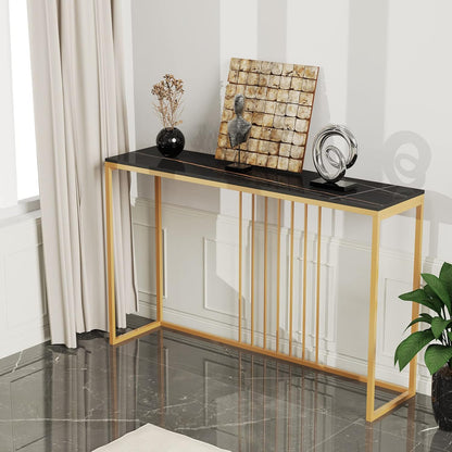 FATIVO Consoletafel marmer smal goud: entree tafel 120 cm Scandinavisch met goud metalen frame, gangtafel voor slaapkamer woonkamer 120 × 30 × 79 cm zwart