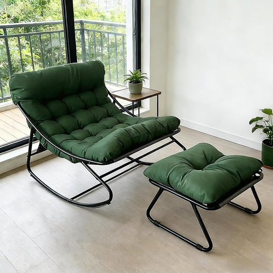 Rocking Chair with Stool, Indoor Outdoor Rocking Chair, Living Room Recliner Reading Chair, Rocking Chair with Upholstery, up to 150 kg, Rocking Chair for Garden, Yard, Patio, Porch (Green) - QUORE