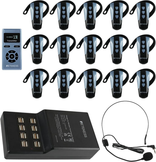 Draadloos Tourgidsysteem 1 Zender, 15 Ontvangers – Tourgidsset – Tourguide-Headsets – Groepscommunicatiesysteem – Rondleidingssysteem – Bereik Tot 200 Meter – Comfortabele Oorhaak-Ontvangers
