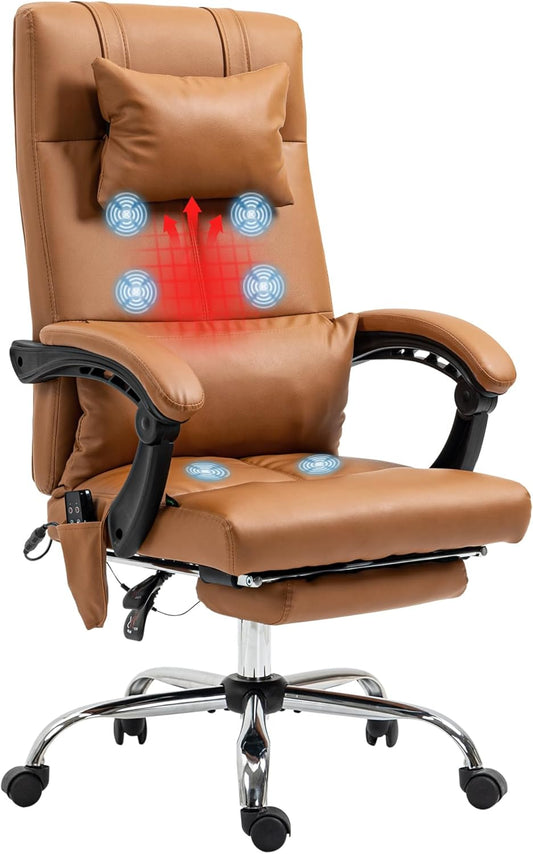 Vinsetto Office Chair with Massage Function, Ergonomic Manager Chair with Heating, Reclining Function, Lumbar Support and Pillow, Height-adjustable Swivel Chair with Tilt Function, Footrest, Brown - QUORE