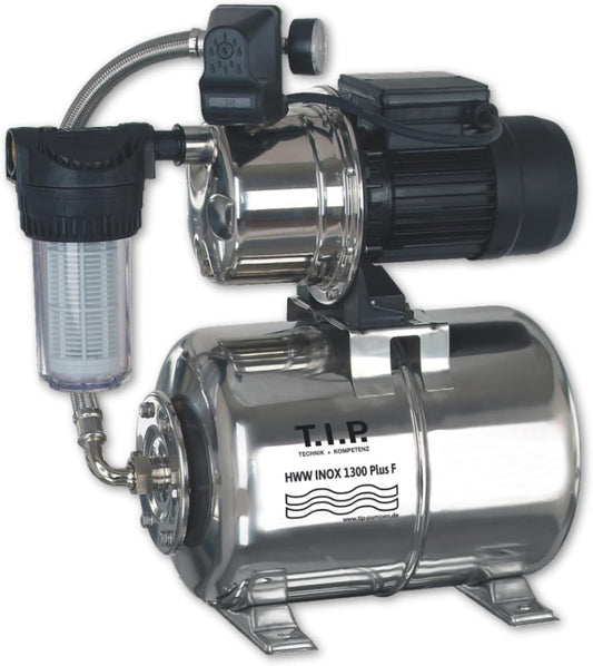 T.I.P. HWW Inox 1300 Plus F 31155 Hydrofoorpomp met drukvat, roestvrij staal met voorfilter, debiet tot 4.350 l/u, opvoerhoogte/druk max. 50 m/ 5.0 bar, 1.200 W