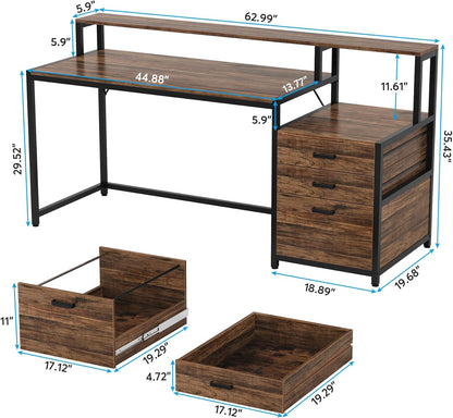 Tribesigns Desk with drawers, ergonomic computer table, 160 x 50 x 90 cm, monitor stand and printer space