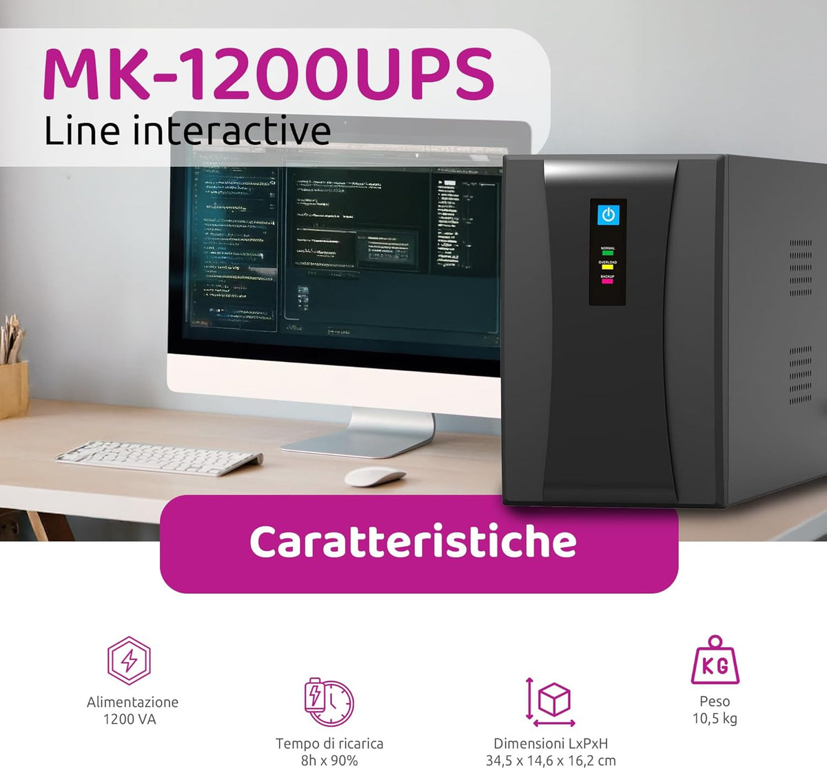 Ononderbroken UPS 1200 VA Line Interactive Melchioni MK | Bescherming tegen blackout en spanningsschommelingen, 2 batterijen 12 V, geaarde stopcontacten, ideaal voor pc, router, DVR, NVR