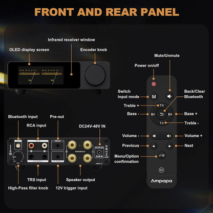2-kanaals Bluetooth-versterker: HiFi 300W x2 stereoversterker met BT 5.2 | HPF | Digitale VU-meter | SUB Pre-Out | TRS-gebalanceerde ingang | Toonbediening en afstandsbediening voor Home