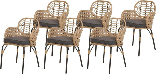 Boho set of 6 PE rattan braided garden chairs natural grey cushions Pratello - QUORE