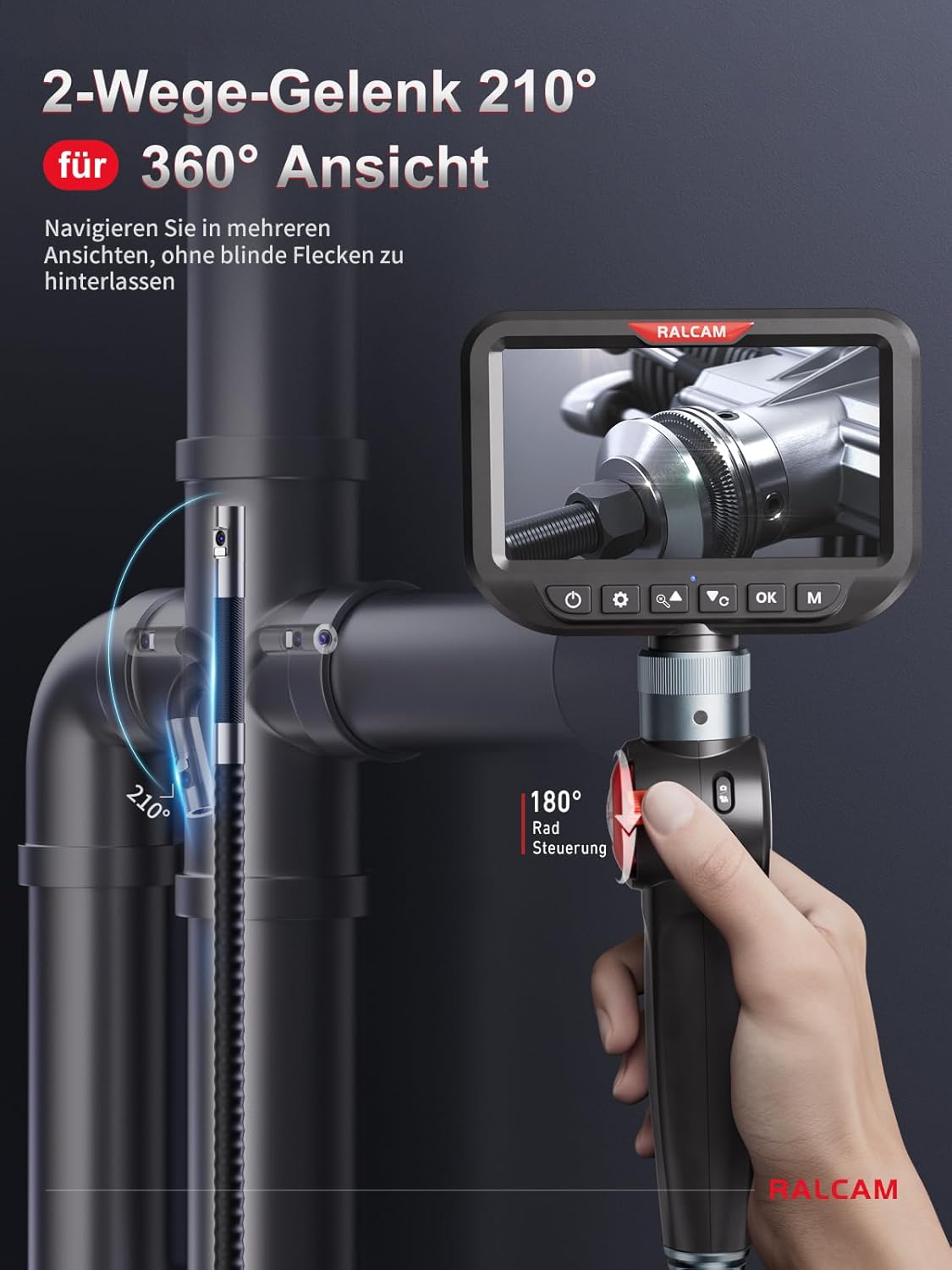 Ralcam Endoscoopcamera met licht, endoscoopcamera met 180° beweegbare kop, 6,5 mm dual-sonde, 5 inch HD-display, inspectiecamera, IP67 waterdicht, buiscamera met 1,5 m halfstijve kabel en 6 + 1 leds