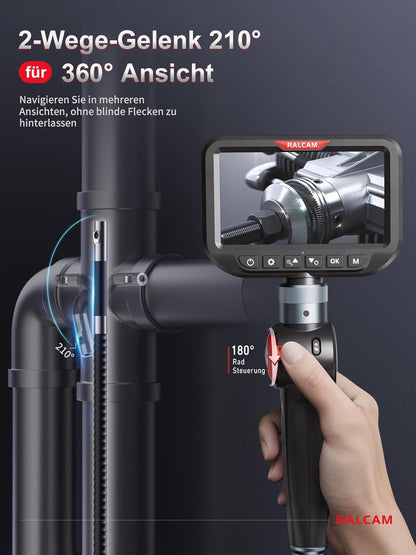Ralcam Endoscoopcamera met licht, endoscoopcamera met 180° beweegbare kop, 6,5 mm dual-sonde, 5 inch HD-display, inspectiecamera, IP67 waterdicht, buiscamera met 1,5 m halfstijve kabel en 6 + 1 leds