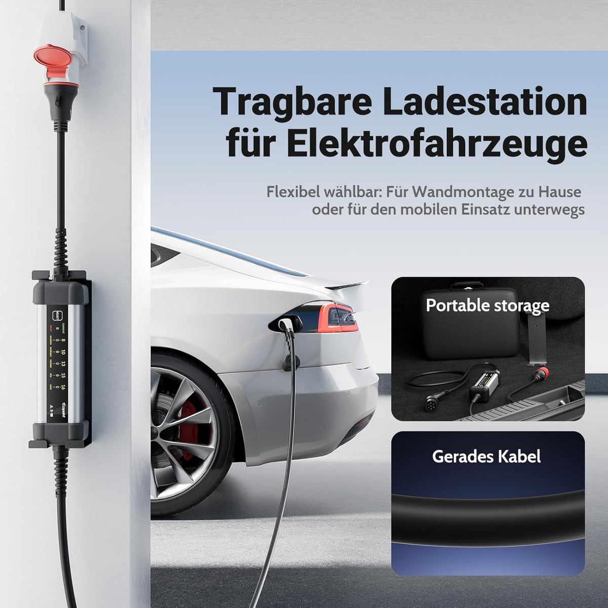 3-fasen EV oplader type 2, aluminium behuizing, mobiele Wallbox, 5 m oplaadkabel, app-bediening, 1 m CEE-stekker, IP66, geen installatie nodig, veiligheidsbescherming (11 kW, 16 A, rechte