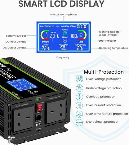 Novopal Pure Sinus Omvormer 2000W 24V naar 230V 240V Auto Converter Omvormer met LCD Display 2AC Outlets En USB Port-Afstandsbediening voor campers, Vrachtwagen, Boot, camping, huishouden, Van
