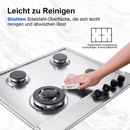 Gaskookplaat – Gasfornuis – Inbouwkookplaat – 4-pits Kookplaat – Gasstel – Roestvrij Staal – Automatische Vlambescherming – 8060 W Vermogen