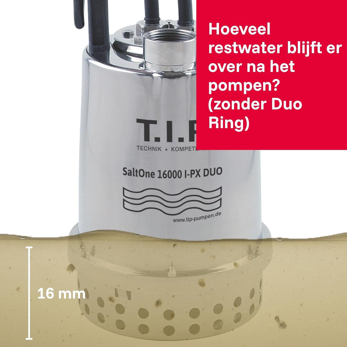 T.I.P. SaltOne 1600 I-PX DUO Dompelpomp voor zout water, debiet tot 16.000 l/u, max. opvoerhoogte/max. druk 10 m/1,0 bar, vloeistoffen tot 50°C, voor sop, ca. 4 min. tot 90 °C mogelijk