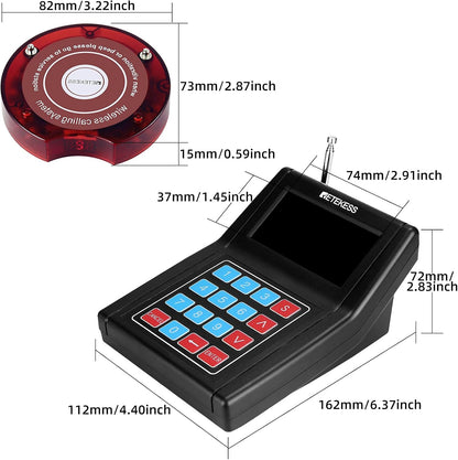 Oproepsysteem – Pager Systeem – Semafoonsysteem – Wachtrijsysteem – Bellersysteem – Groot Bereik 300m – 3 Oproepmodi – Rood – 10 Oplaadbare Pagers – Tot 999 Uitbreidbaar