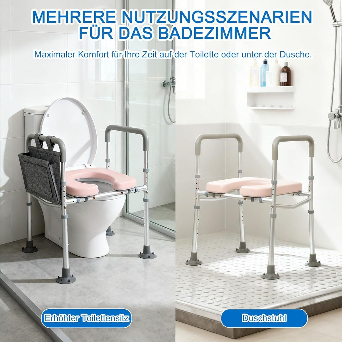 NJUN Toiletbrilverhoging met armleuningen, in hoogte verstelbaar, 66-84 cm, toiletbrilverhoger met gevoerde zitting en aluminium frame, wc-zitverhoging, toiletten, opstahulp voor senioren