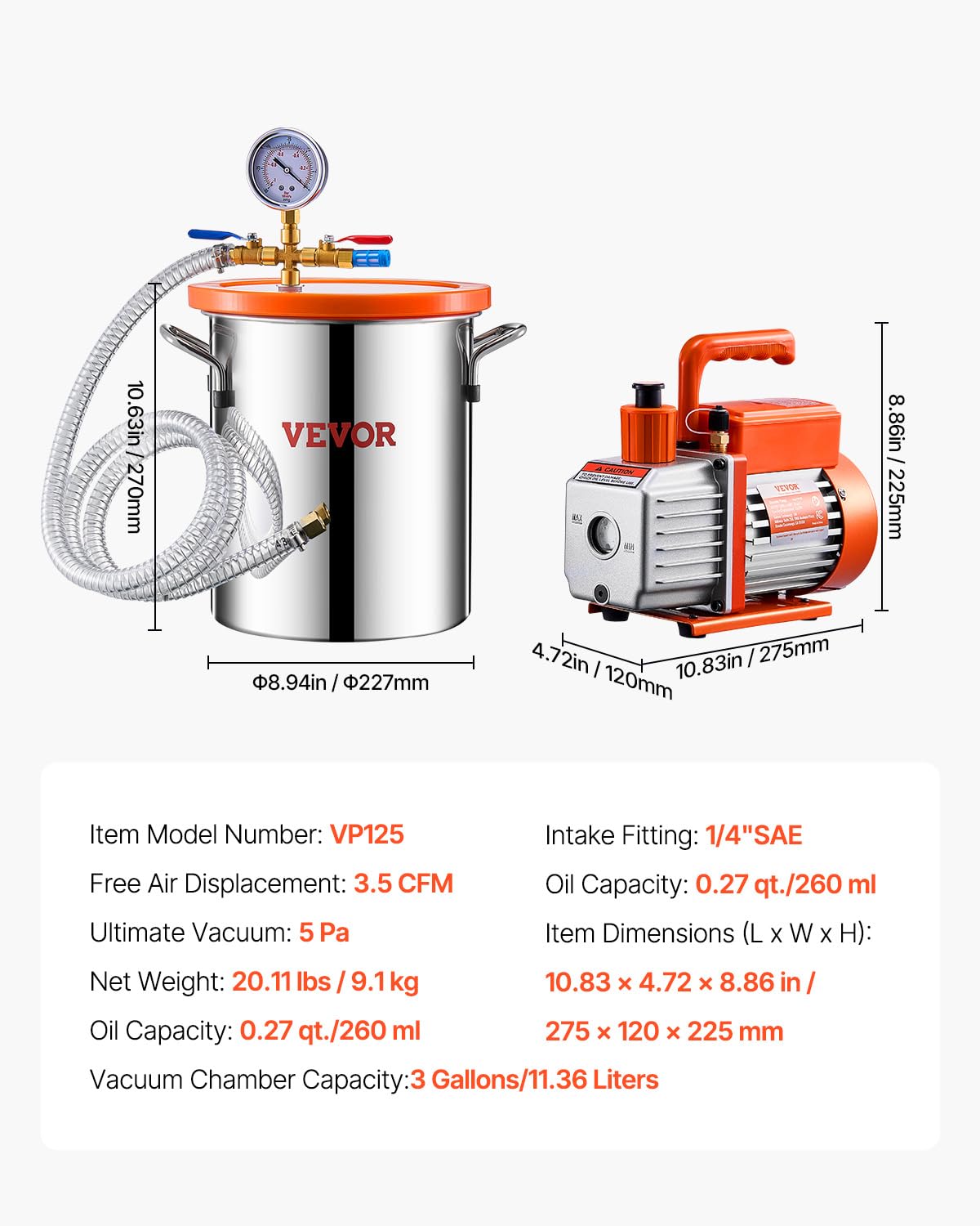 Vacuümkamer – Vacuum Chamber – Ontgassingskamer – Resin Kamer – Siliconen Kamer – 11,36 Liter Roestvrij Staal – Krachtige 3,5 CFM Mono Stage Pomp