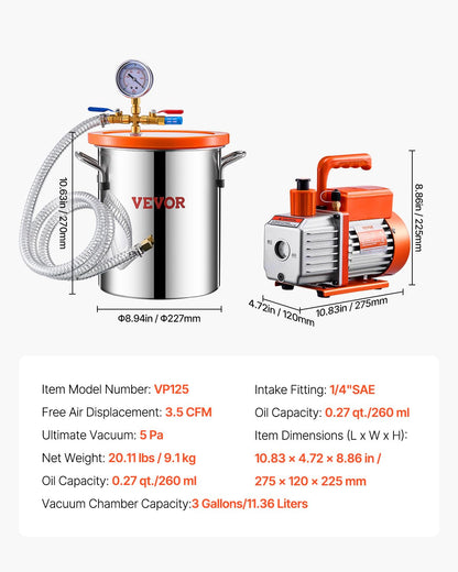 Vacuümkamer – Vacuum Chamber – Ontgassingskamer – Resin Kamer – Siliconen Kamer – 11,36 Liter Roestvrij Staal – Krachtige 3,5 CFM Mono Stage Pomp