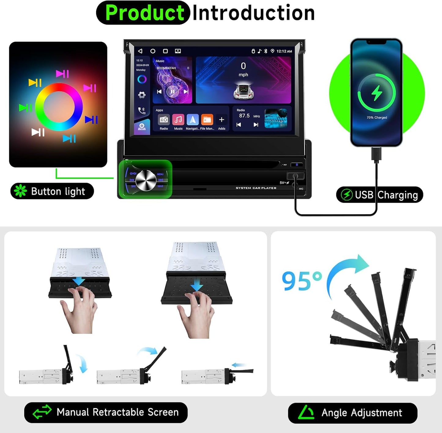 Hodozzy 4G + 64G Android autoradio 1 DIN met CarPlay, draadloos, Android, auto, HD-touchscreen, 17,8 cm (7 inch), intrekbaar display met Bluetooth, GPS, WLAN, Mirrorlink FM/RDS, radio USB/AUX camera