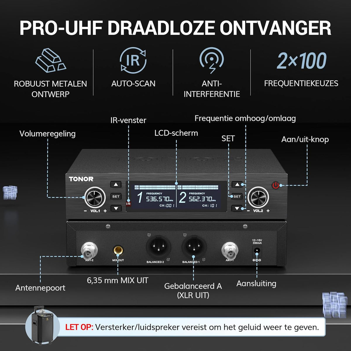 Draadloos microfoonsysteem – Draadloze microfoon, microfoonset, karaoke microfoon, set van 2 – Auto-Scan & IR-Koppeling – Bereik Tot 100 Meter