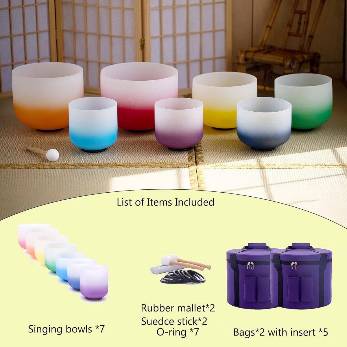 Hye-eun 432hz kleurverloop kristal klankschalen set 7 chakra's 7-12 inch Crystal Singing Bowl, meditatieset voor yoga, energiegenezing, diepteontspanning (incl. houten stokken, draagtassen)
