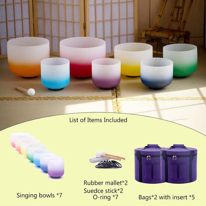 Hye-eun 432hz kleurverloop kristal klankschalen set 7 chakra's 7-12 inch Crystal Singing Bowl, meditatieset voor yoga, energiegenezing, diepteontspanning (incl. houten stokken, draagtassen)