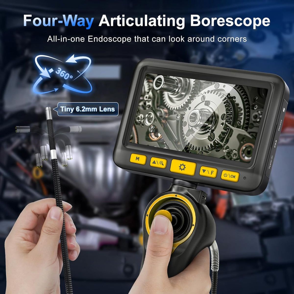 Endoscoopcamera, 6,2 mm, 360 graden draaibaar, 5 inch HD 1080p, inspectiecamera met licht, buiscamera, camera's met 6 leds, IP67 waterdicht, 1 m kanaalcamera, stuurendoscoop