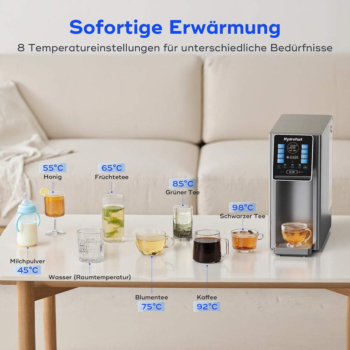 Omgekeerd osmosesysteem voor aanrecht, 6 niveaus onmiddellijke warmwaterdispenser, 8 instelbare temperaturen en 15 volumes, TDS-bewaking, nul installatie