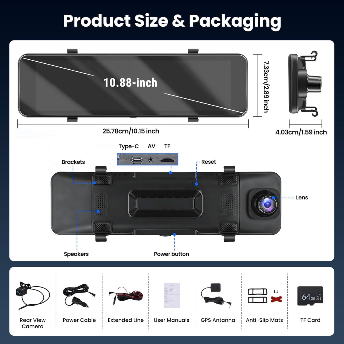 Dashcam – Autocamera, Spiegeldashcam, Auto Camera, Dashcam Auto – Achteruitkijkspiegel Model – 10,1 Inch Touchscreen – 4K Voor En 1080p Achter