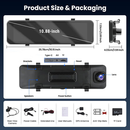 Dashcam – Autocamera, Spiegeldashcam, Auto Camera, Dashcam Auto – Achteruitkijkspiegel Model – 10,1 Inch Touchscreen – 4K Voor En 1080p Achter