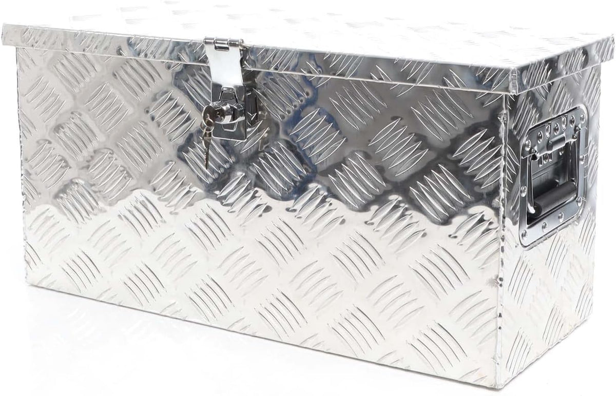XPOtool Transport box aluminium 60x25x30 cm, storage box for tools and objects incl. 2 keys, robust storage box for trucks and transport, drawbar for trailers