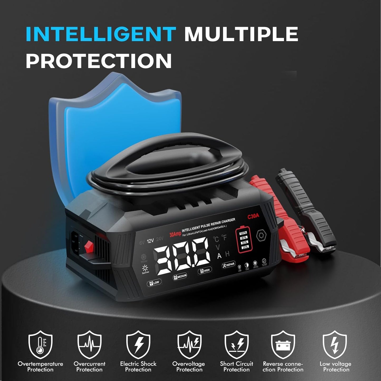 Autoaccu Oplader – Acculader – Batterijlader – Oplaadapparaat – Voertuigaccu Lader – 6V/12V/24V Compatibel – 9-Staps Automatisch Opladen met Ontzwaveling