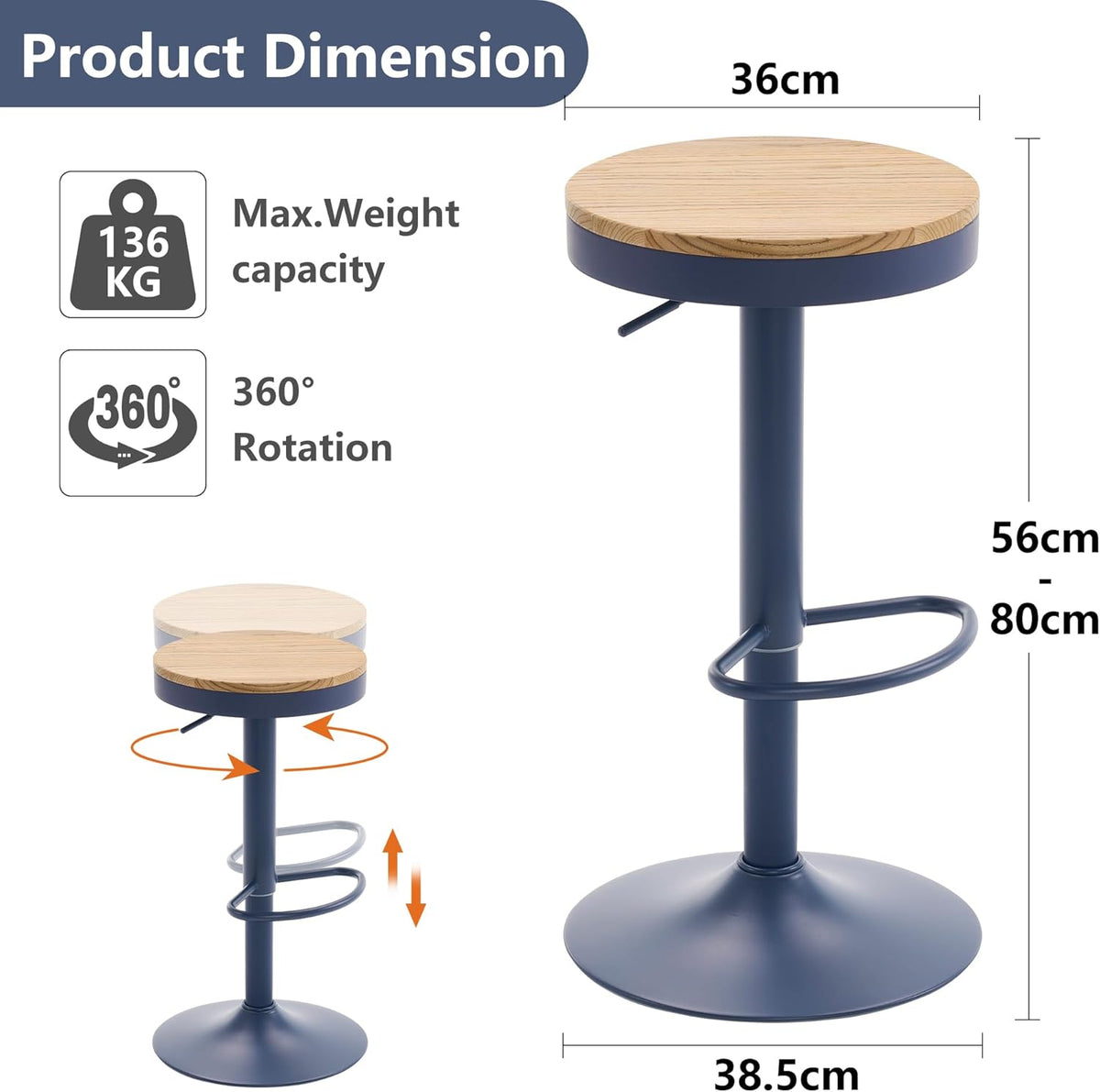 YOUNIKE Barkruk, set van 2, hout, in hoogte verstelbaar, draaibaar, barkruk, keukenkruk, hoogte barstoelen met voetensteun, voor bar, keuken, draaikruk van massief metaal, marineblauw