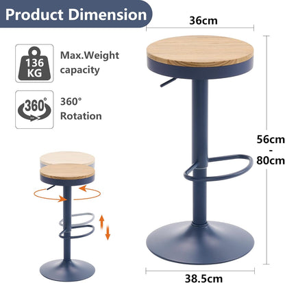 YOUNIKE Barkruk, set van 2, hout, in hoogte verstelbaar, draaibaar, barkruk, keukenkruk, hoogte barstoelen met voetensteun, voor bar, keuken, draaikruk van massief metaal, marineblauw