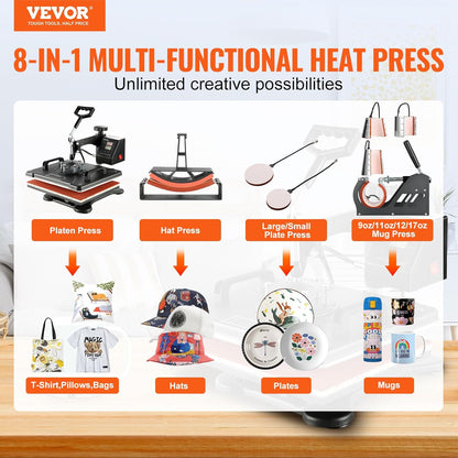 VEVOR 8-in-1 warmtedrukmachine, 38 x 30 cm, met digitaal led-display, zwart, voor hoeden, mutsen, T-shirts, kopjes, borden