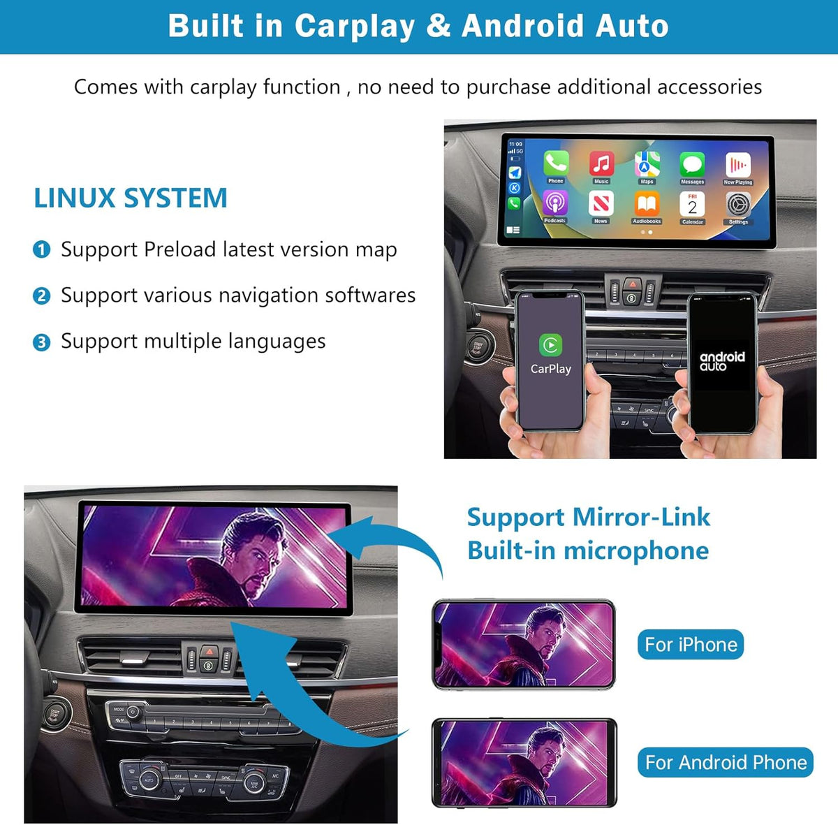 Autoradio – 12,3 Inch Touchscreen – Multimedia Systeem – Navigatie Radio – Draadloze Carplay Android Auto – Compatibel Met BMW X1 F48 2016-2022 – Mirrorlink Ondersteuning – Achteruitrijcamera Integratie