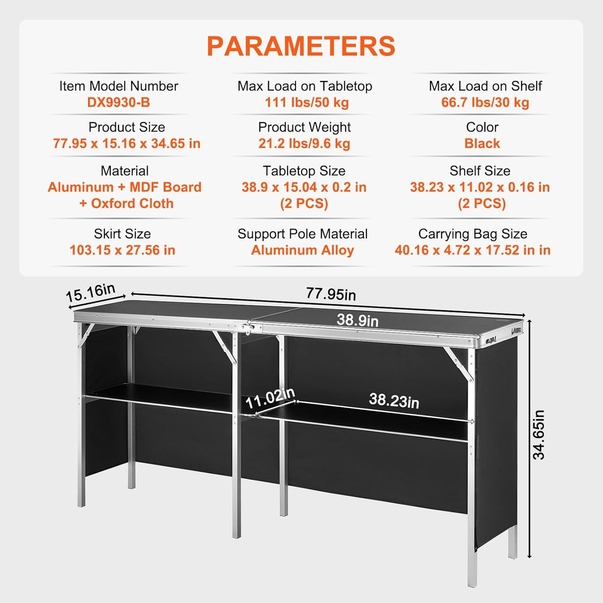 VEVOR Stand voor beurzen, woonkamer, 195 x 38,5 x 88 cm, extra lange en draagbare opvouwbare bartafel met draagtas, opbergrek en zwarte rok, voor feest, picknick, commerciële tentoonstelling