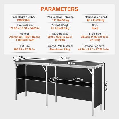 VEVOR Stand voor beurzen, woonkamer, 195 x 38,5 x 88 cm, extra lange en draagbare opvouwbare bartafel met draagtas, opbergrek en zwarte rok, voor feest, picknick, commerciële tentoonstelling