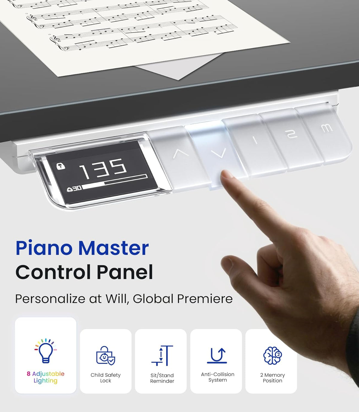 MAIDeSITe T2 Pro Max Electric Height Adjustable Desk Frame, 135 cm, Double Motor, 180 kg Load Capacity, Piano Master Control System, Anti-Collision Function - QUORE