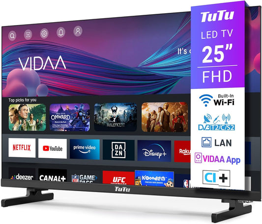 TuTu Smart TV 25 inch (64 cm) Full HD VIDAA - TV met WiFi, Triple Tuner (DVB - T/T2, DVB - C, DVB - S/S2), App Store, HDMI, USB (TUV25FQ1B, 2024)