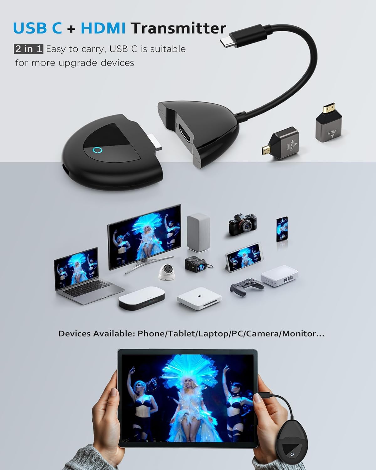Wireless HDMI transmitter and receiver kit for flawless video/audio streaming at home, in the office, in the classroom, and on portable devices.