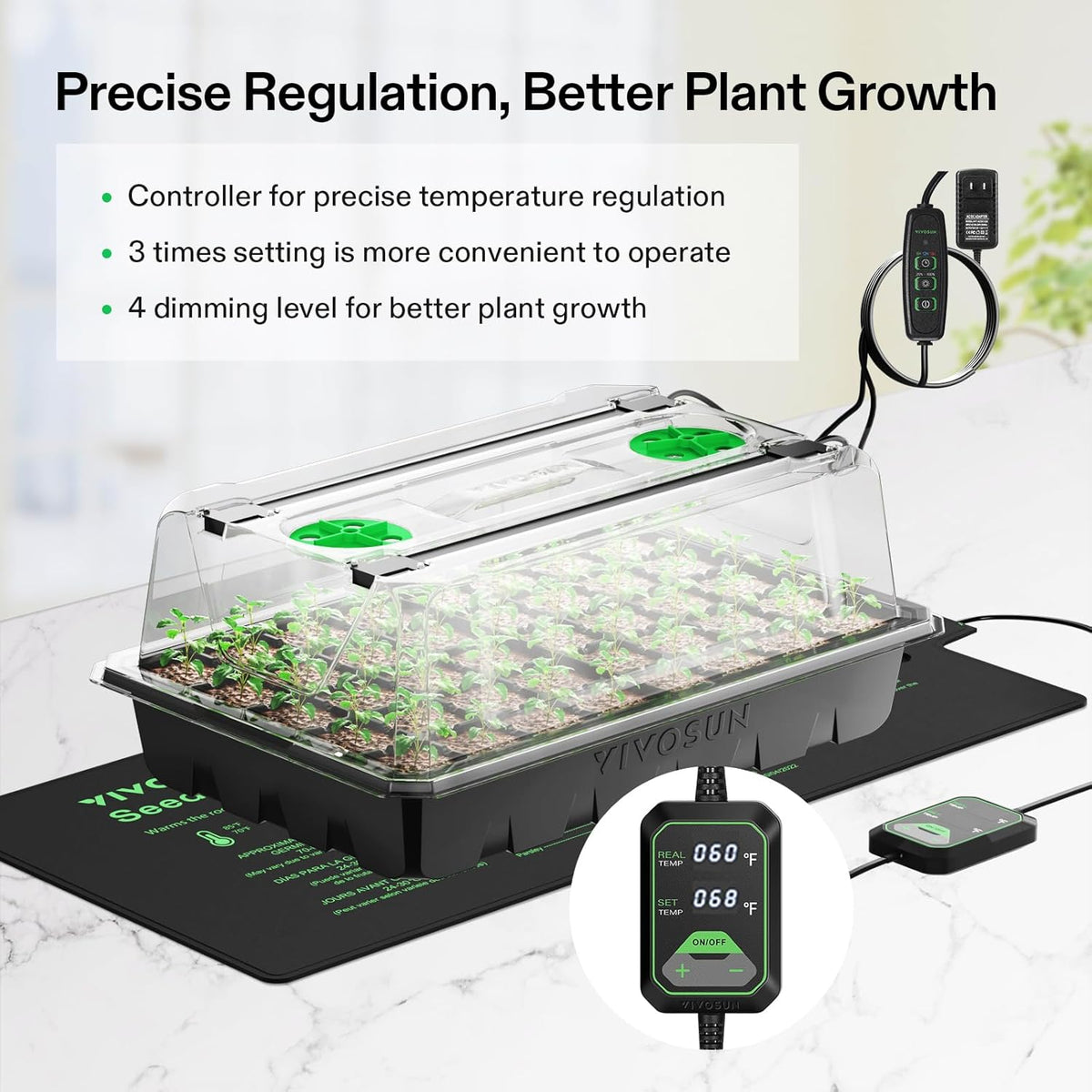 VIVOSUN 1 Pack 40-Cell Seed Starter Trays with 1 Set LED Lights and 10"x20.7" Seedling Heat Mat, 3.6 Inch Higher Coverage, Adjustable Vents, Drainage Holes, Green Grow Tray for It - QUORE