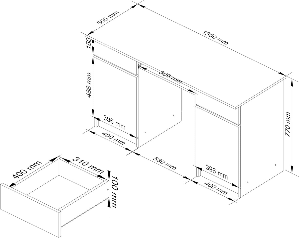 PC Desk A5 with Keyboard Shelf, Office Desk, Computer Table, Desk Table with Keyboard Shelf, 2 Drawers and 2 Door Shelves, W135 x H77 x D50 cm, 58 kg, White/White Glossy - QUORE