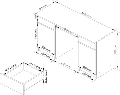 PC Desk A5 with Keyboard Shelf, Office Desk, Computer Table, Desk Table with Keyboard Shelf, 2 Drawers and 2 Door Shelves, W135 x H77 x D50 cm, 58 kg, White/White Glossy - QUORE