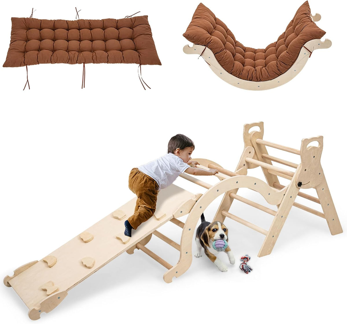 Peuter klimframe voor peuters leeftijd 1 2 3 4 5, indoor kinderen houten klimframe met glijbaan driehoek klimboog en kussen Montessori speelgoed peuter kind gym - medium (natuurlijk en ongeverfd)