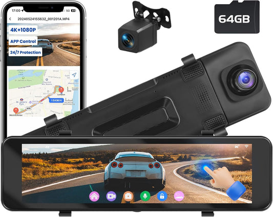 Dashcam – Autocamera, Spiegeldashcam, Auto Camera, Dashcam Auto – Achteruitkijkspiegel Model – 10,1 Inch Touchscreen – 4K Voor En 1080p Achter