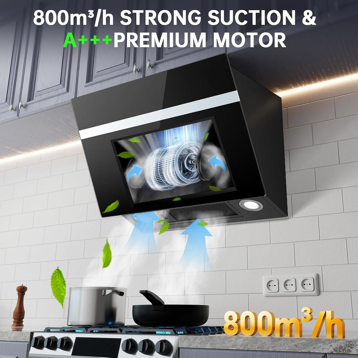 TopStrong Afzuigkap 60 cm, 800 m³/h afzuigkap convectie/afvoerlucht met actieve koolfilter, A+++, stille kopvrijkap met ledverlichting, wandkappen 3 standen + booster touchscreen, borstelloze motor