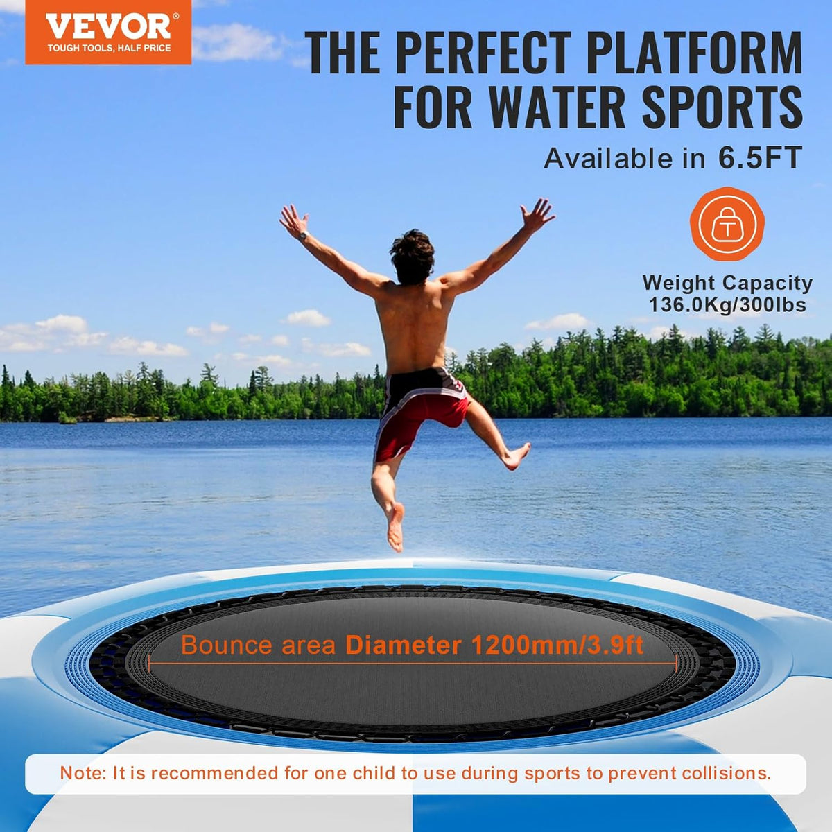 VEVOR Opblaasbare watertrampoline, opblaasbare watertrampoline, 200 x 50 cm, draagbaar zwemplatform met ladder en elektrische luchtpomp, voor kinderen, zwembad, blauw en wit