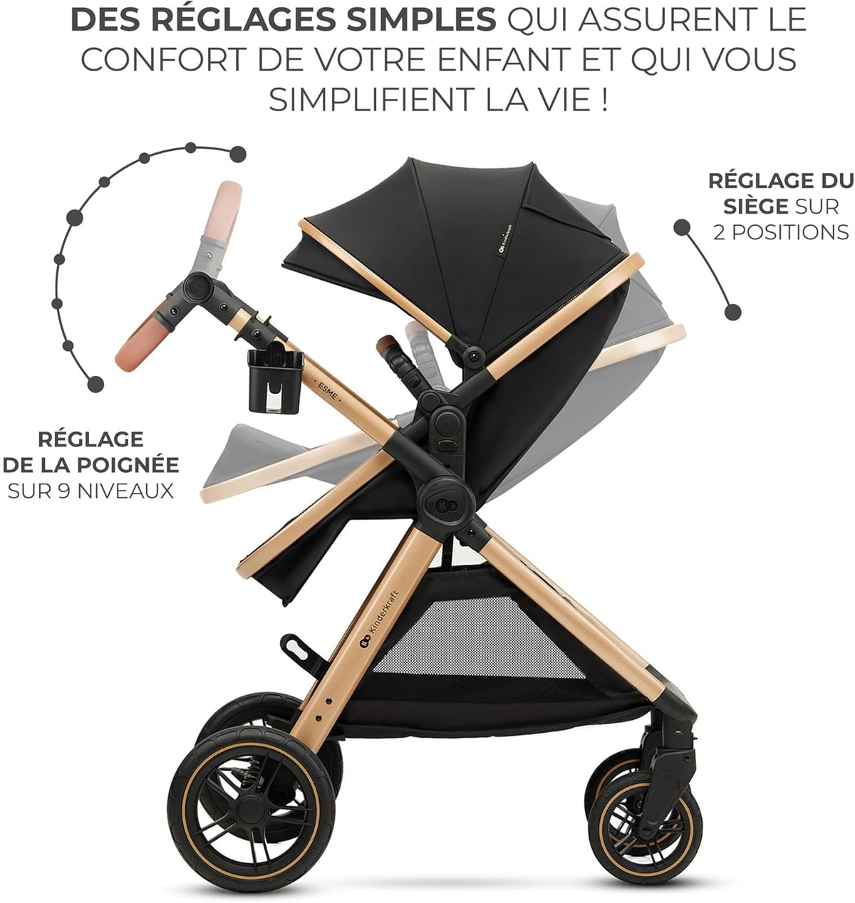 Kinderkraft ESME 3-in-1 autostoel met babydrager Mink Pro I-Size, reissysteem, babybuggy, opvouwbare kinderwagen, voor pasgeborenen tot 4 jaar, zwart