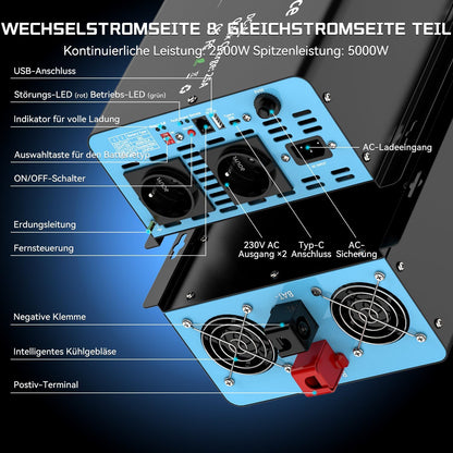 2500 W zuivere sinusomvormer met netprioriteitscircuit en laadfunctie en UPS-functie, spanningsomvormer 12 V tot 230 V, afstandsbediening met lcd-display