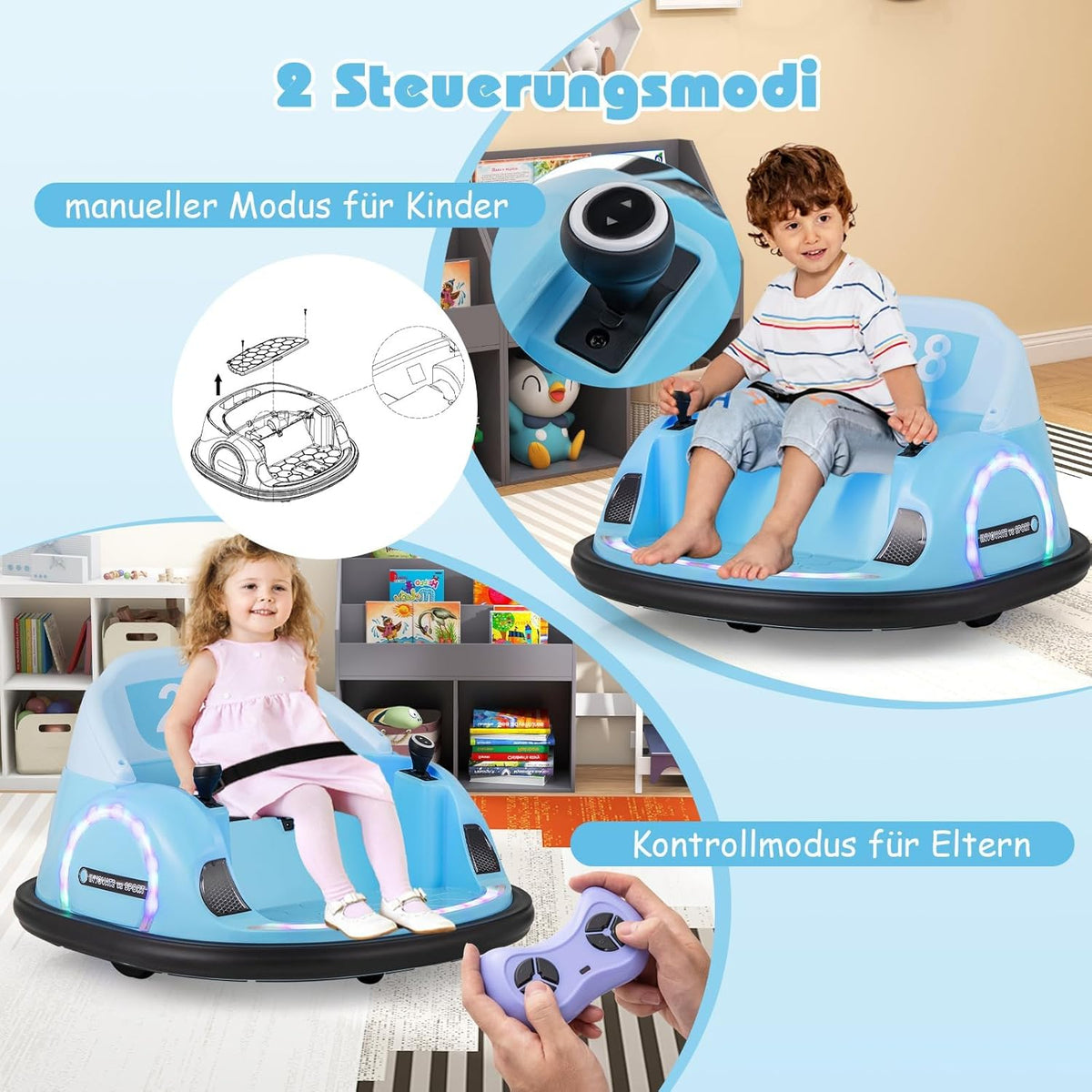 FANTASK Autoscooter voor kinderen, elektrische bumper auto met knipperende ledlampen, afstandsbediening, muziek en 360 graden rotatie, kinderstep voor kinderen vanaf 18 maanden, blauw
